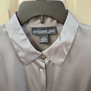 Monterey Bay Satin Button-Front Blouse in Charcoal Gray